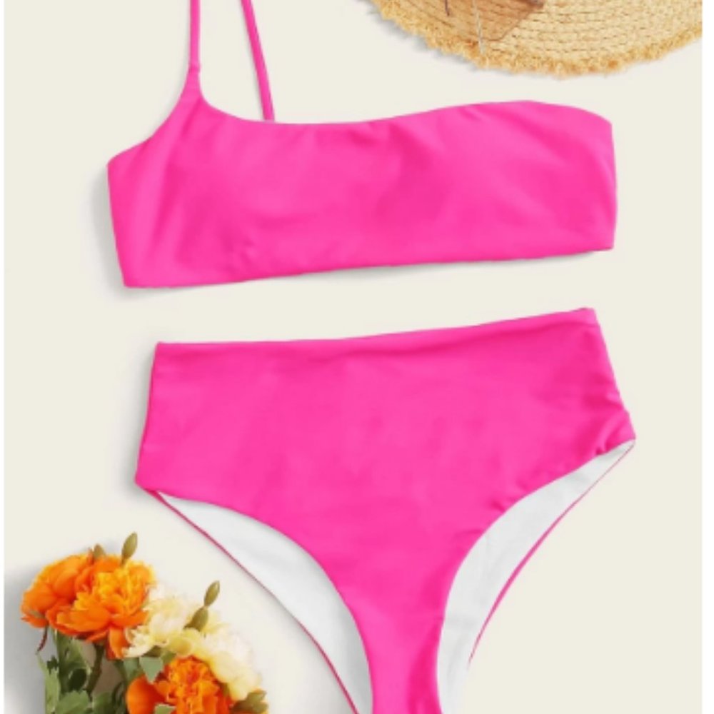 Neon Pink One Shoulder Top With High Waist Bikini